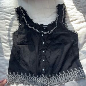 Madewell Black Sleeveless Top with White Lace Trim